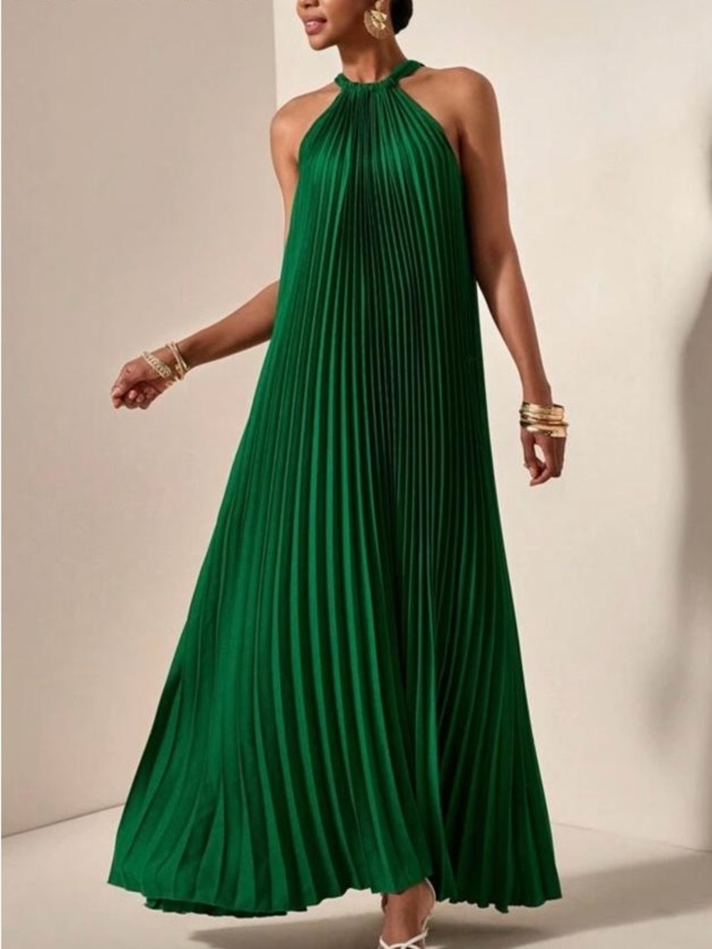 Evening Green Pleated Halter Maxi Dress